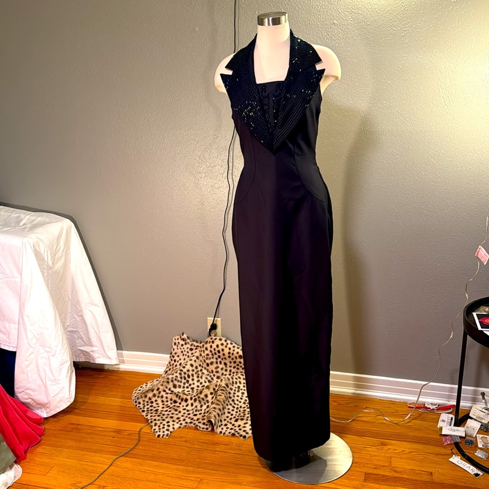 Crosslisted   **SOLD**        Black tuxedo style full length dress with beads an - Picture 4 of 8